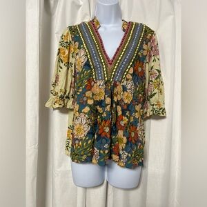 Bl^nk London Anthropologie STEPHANIE Black Floral Top 3/4 Sleeve Size Medium EUC